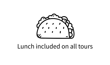 Line drawing of a taco above text: 'Lunch included on all tours'.