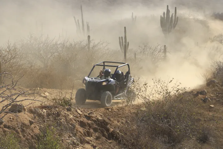 Off-road vehicle driving through dusty desert path with cacti and shrubs.