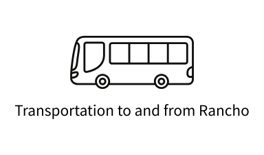 Line drawing of a bus with text: 'Transportation to and from Rancho.'